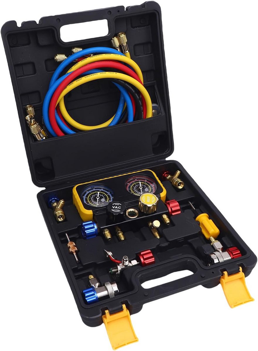 Professionele 4-Weg HVAC Manifold Meetset met Slangen voor R410A, R32, R134A, R22 Koelmiddelen