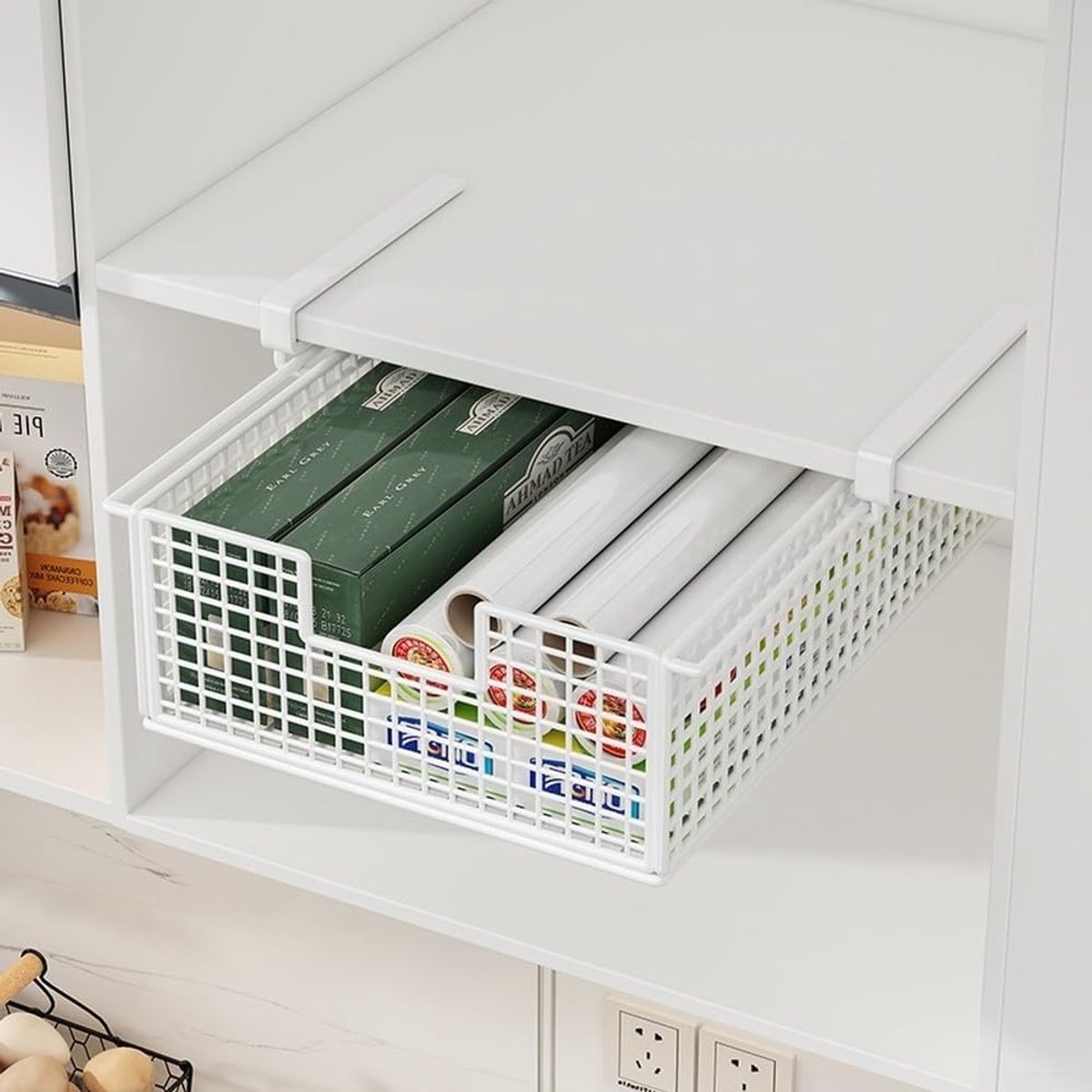 Uittrekbare Onderkast Organizer met Lade en Schuifplank, Hoge Zijrails voor Opbergmand, Keuken Organizer voor Keukengerei en Benodigdheden, Wit