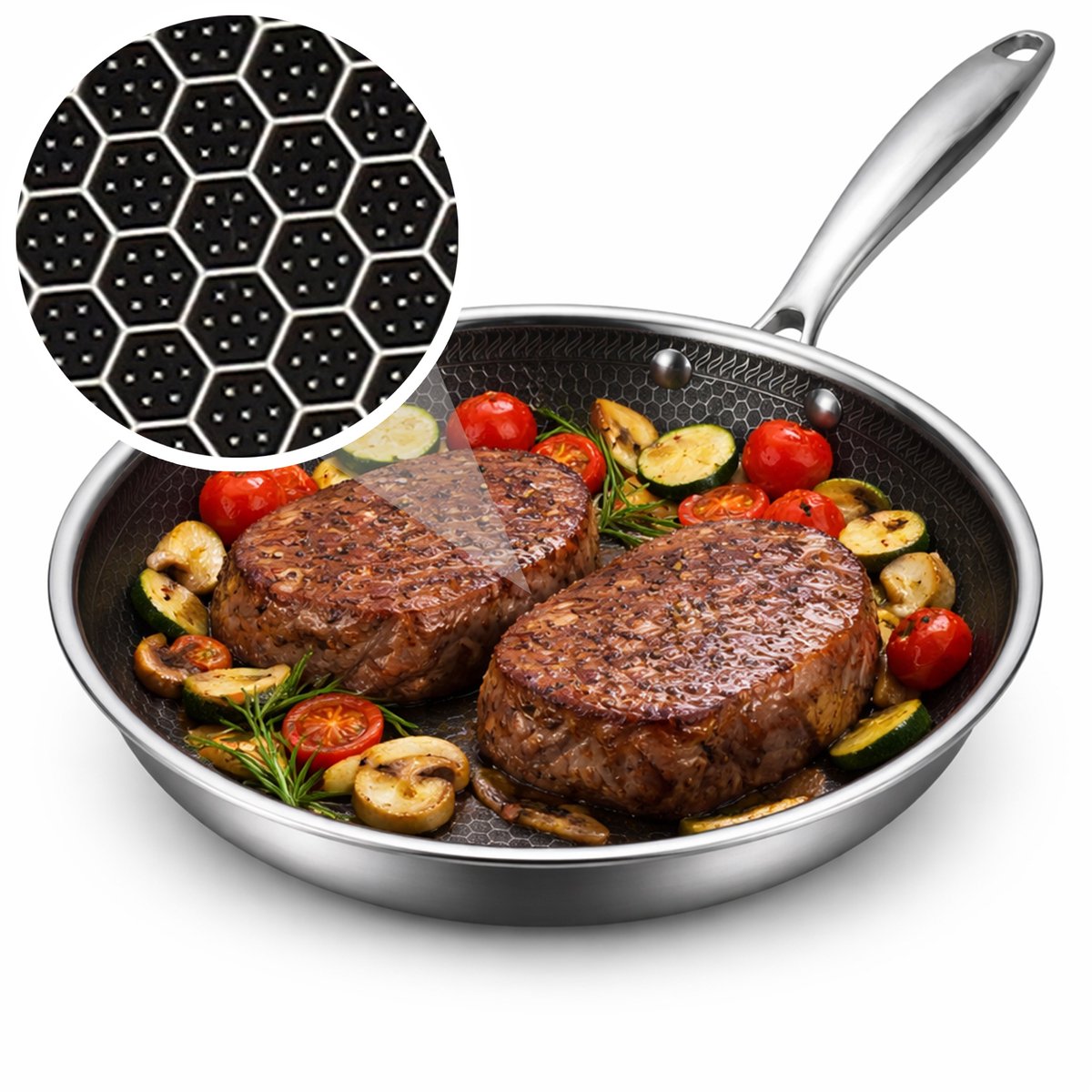 Koekenpan Ø 24 cm - PFAS Vrij & PTFE Vrij - RVS Honingraat Hybride Pan - Geschikt voor Inductie, Elektrisch, Keramisch & Gas - Hexagon Anti Aanbak Pan - Krasbestendig - Oven tot 280°C - Duurzame Keramische Coating - Vaderdag Cadeau - Löwenthal van Löwenthal