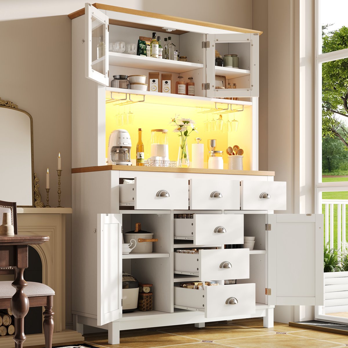 Merax Dressoir 104x40x180 cm - opbergkast - keukenkast - buffetkast - landelijke stijl - 4 deuren - met LED-verlichting en drankrek - wit