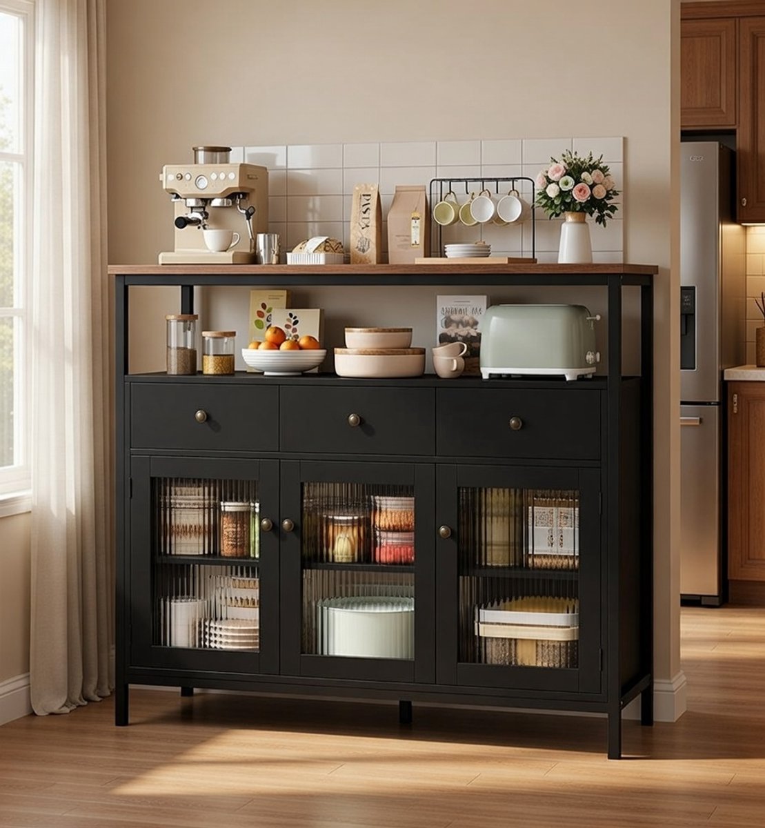 Zwart Scandinavisch Dressoir met Werkblad en Glazen Deuren 108 cm – Multifunctionele Keukenkast & Buffetkast met 3 Laden Merk: Casa Serena – 108 cm – Casa Dorada