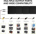 Zwart opvouwbaar zonnepaneel met 5 verschillende aansluitingen: XT60, 5.5*2.5mm, 3.5*1.35mm, Anderson en 7.9/8mm, met diverse energiecentrales.