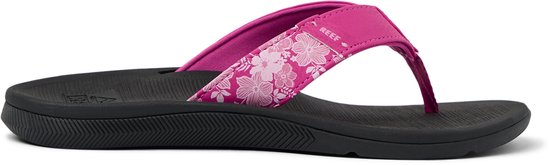 Zwarte slipper met fuchsia bandjes met subtiele bloemenprint en Reef logo.