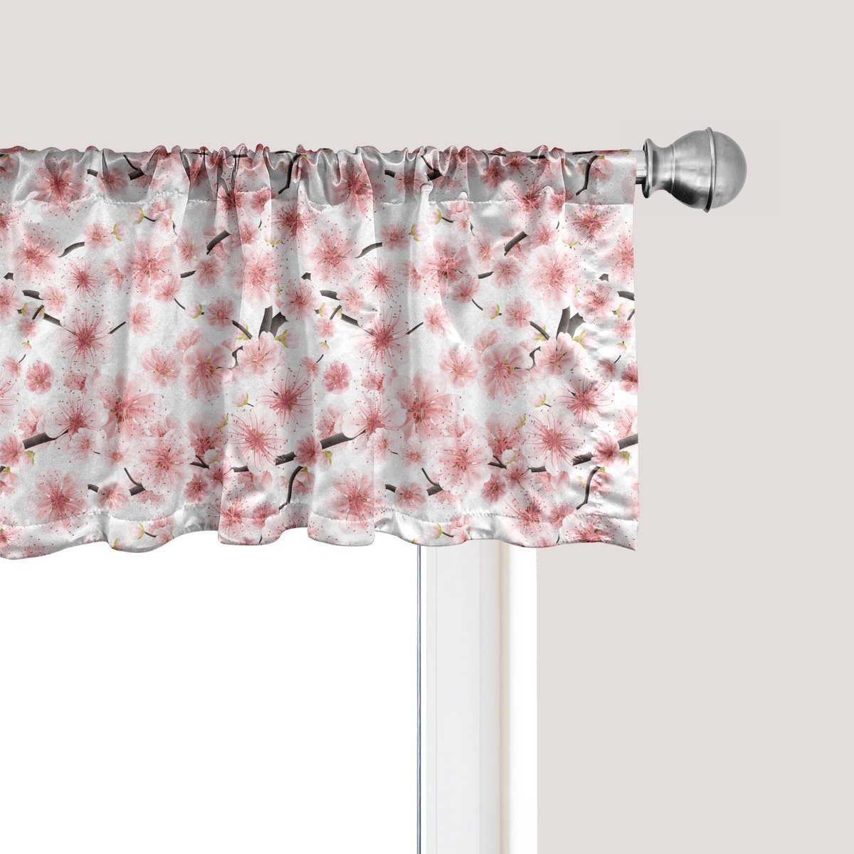 ABAKUHAUS Kersenbloesem Raamvalletje, Gordijnvalletje voor Keuken en Slaapkamer Decoratie met Tunnelzoom, 137 cm x 30 cm, Donker Taupe en Roze