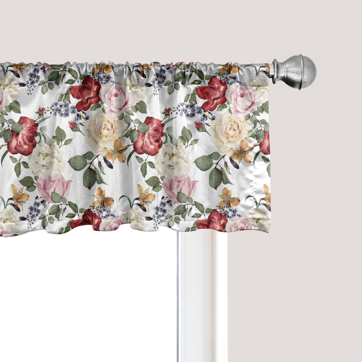 ABAKUHAUS Shabby Flora Raamvalletje, Gordijnvalletje voor Keuken en Slaapkamer met Tunnelzoom, 137 cm x 30 cm, Lichtroze Crème