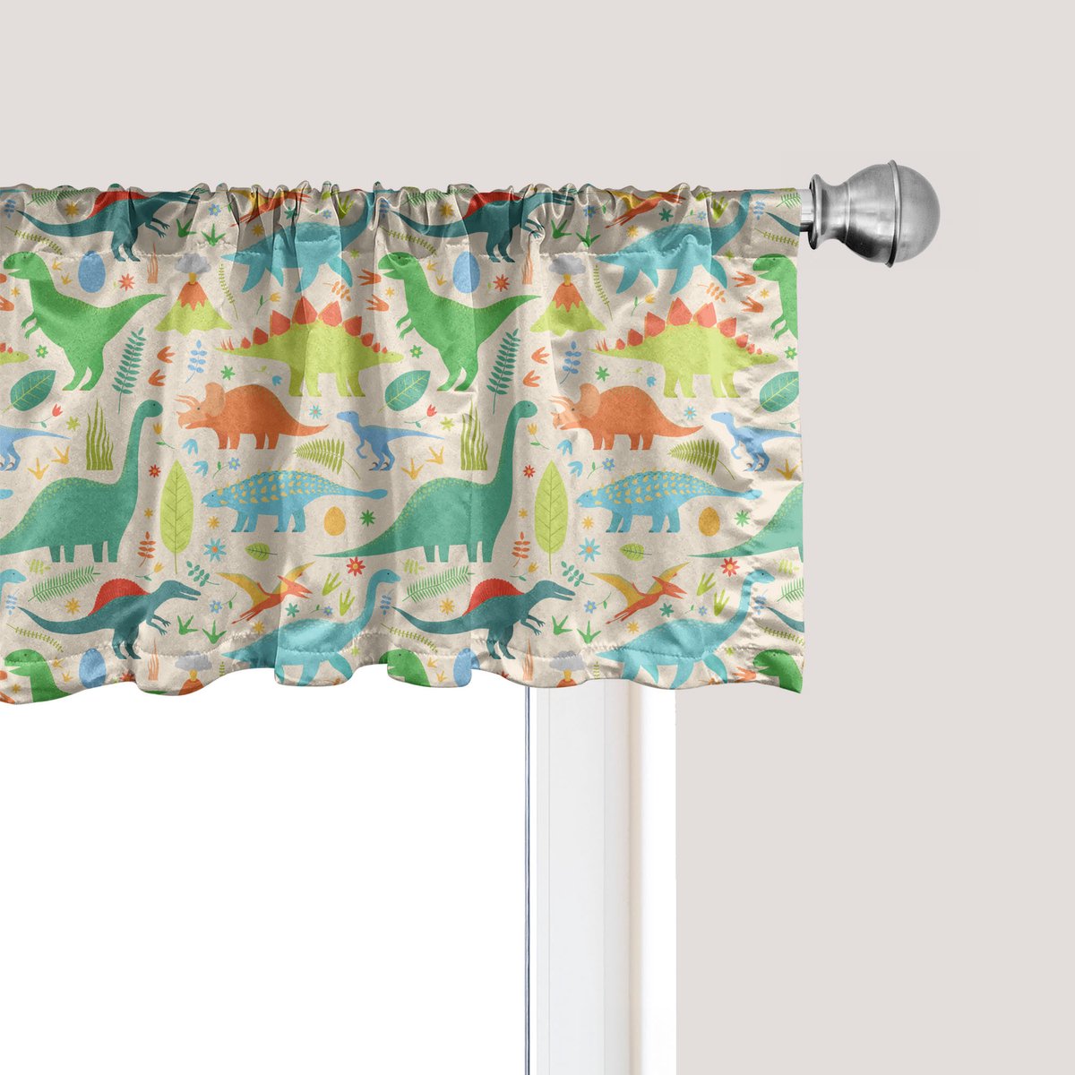 ABAKUHAUS Dino Raamvalletje, Gordijnvalletje voor Keuken en Slaapkamer met Tunnelzoom, 137 cm x 30 cm, Ecru en Multicolor