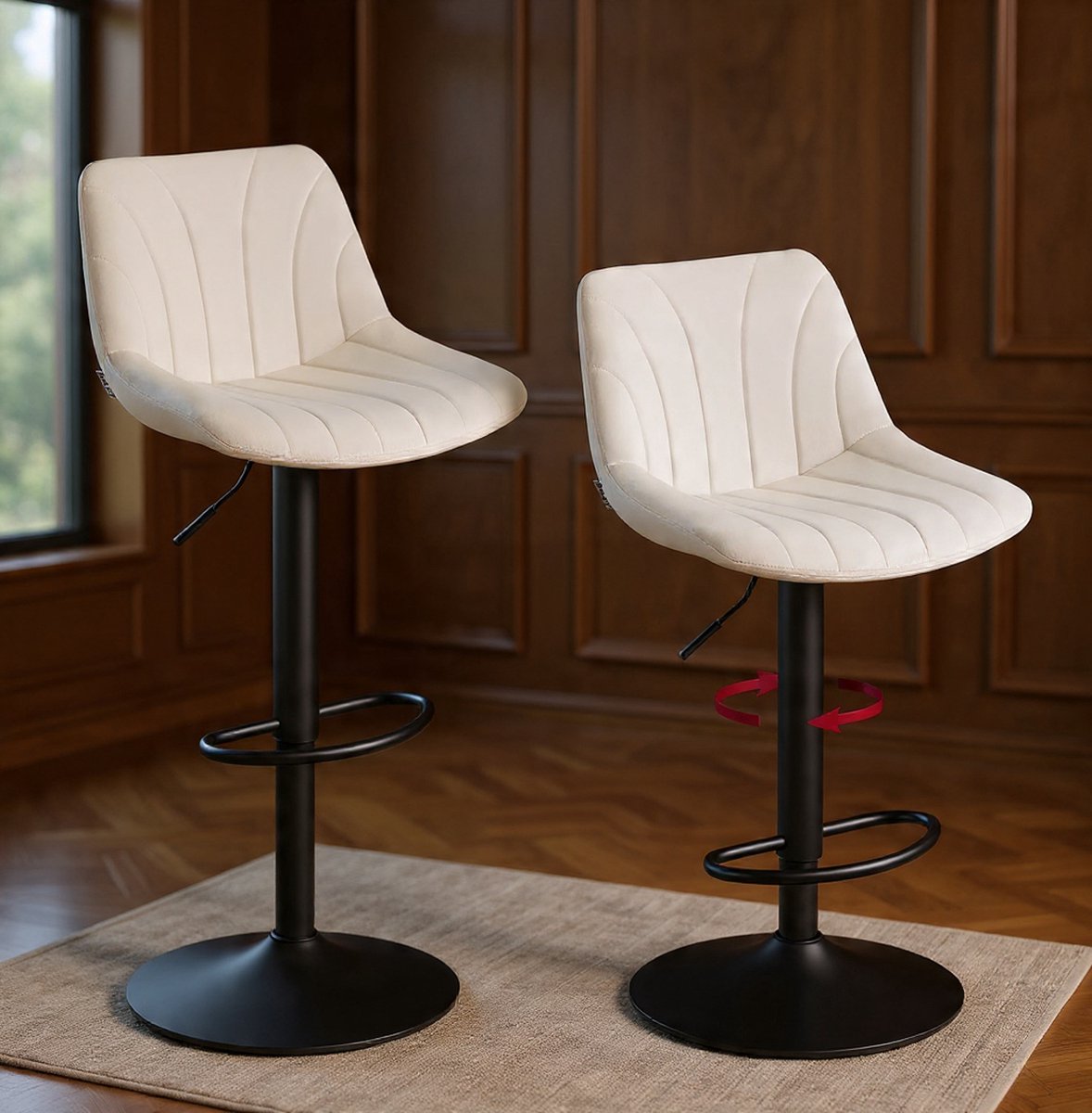 Luxe Barstoelen Set van 2 – Verstelbare Hoogte & 360° Draaibare Bistro Stoelen met Rugleuning, Metaal Voetensteun en Velvet Bekleding – Creme/Wit – Keuken, Eetkamer & Bar Stoelen-Casa Serena – Afme...