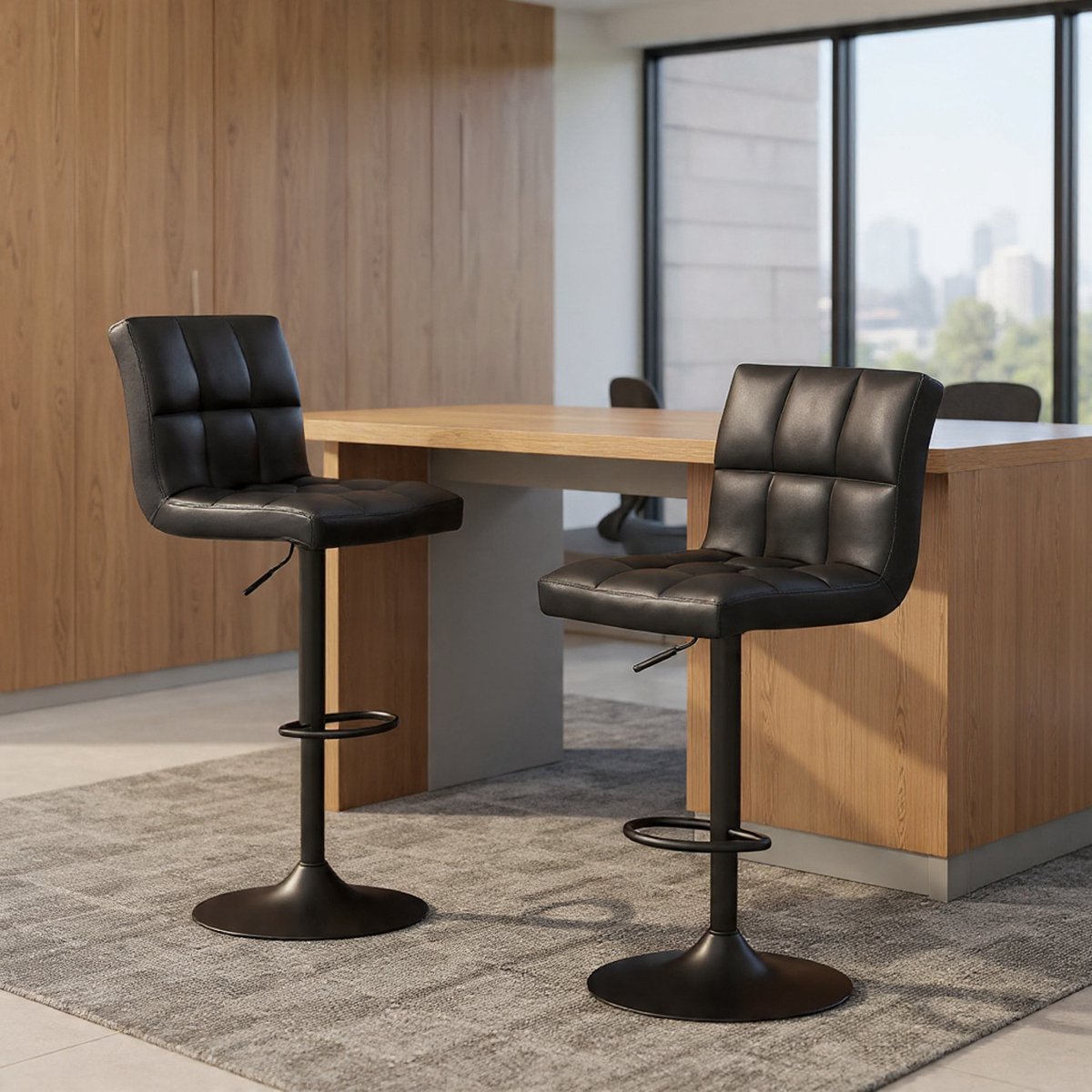Luxe Barstoelen Set van 2 – PU Lederen Verstelbare Hoogte & 360° Draaibare Bistro Stoelen met Rugleuning en Voetensteun – Zwart – Keuken, Bar & Ontbijtbar Stoelen-Casa Serena – Afmetingen op aanvra...