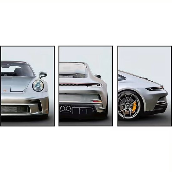 Drie posters met close-ups van een zilverkleurige Porsche 911 992 GT3, gezien vanaf de voorkant, achterkant en zijkant.