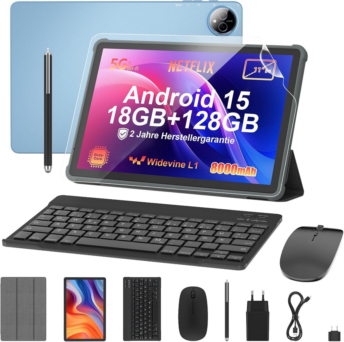 Tablet 11 inch met Toetsenbord en Muis Android 15 Octa-Core WiFi 6 Opslag uitbreidbaar