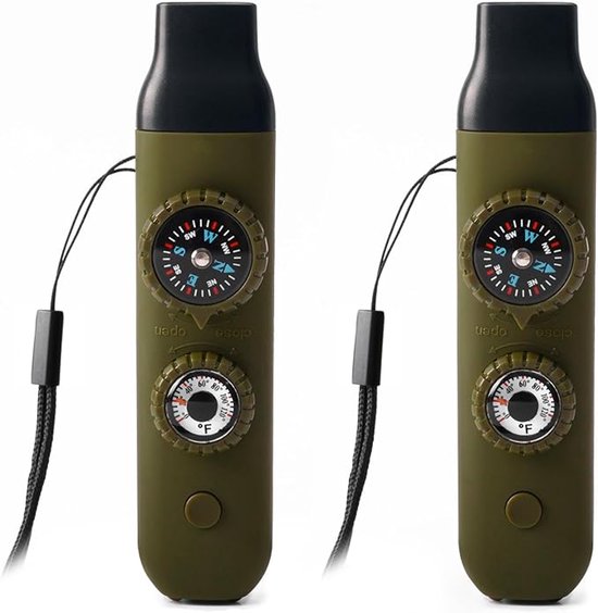 Twee legergroene fluitjes met kompas en thermometer.
