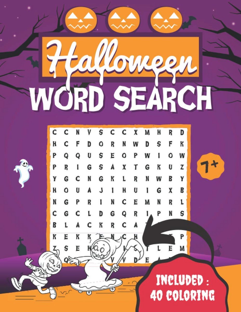 Halloween Woordzoeker Activiteitenboek voor Kinderen 7-12 Jaar met Kleurplaten