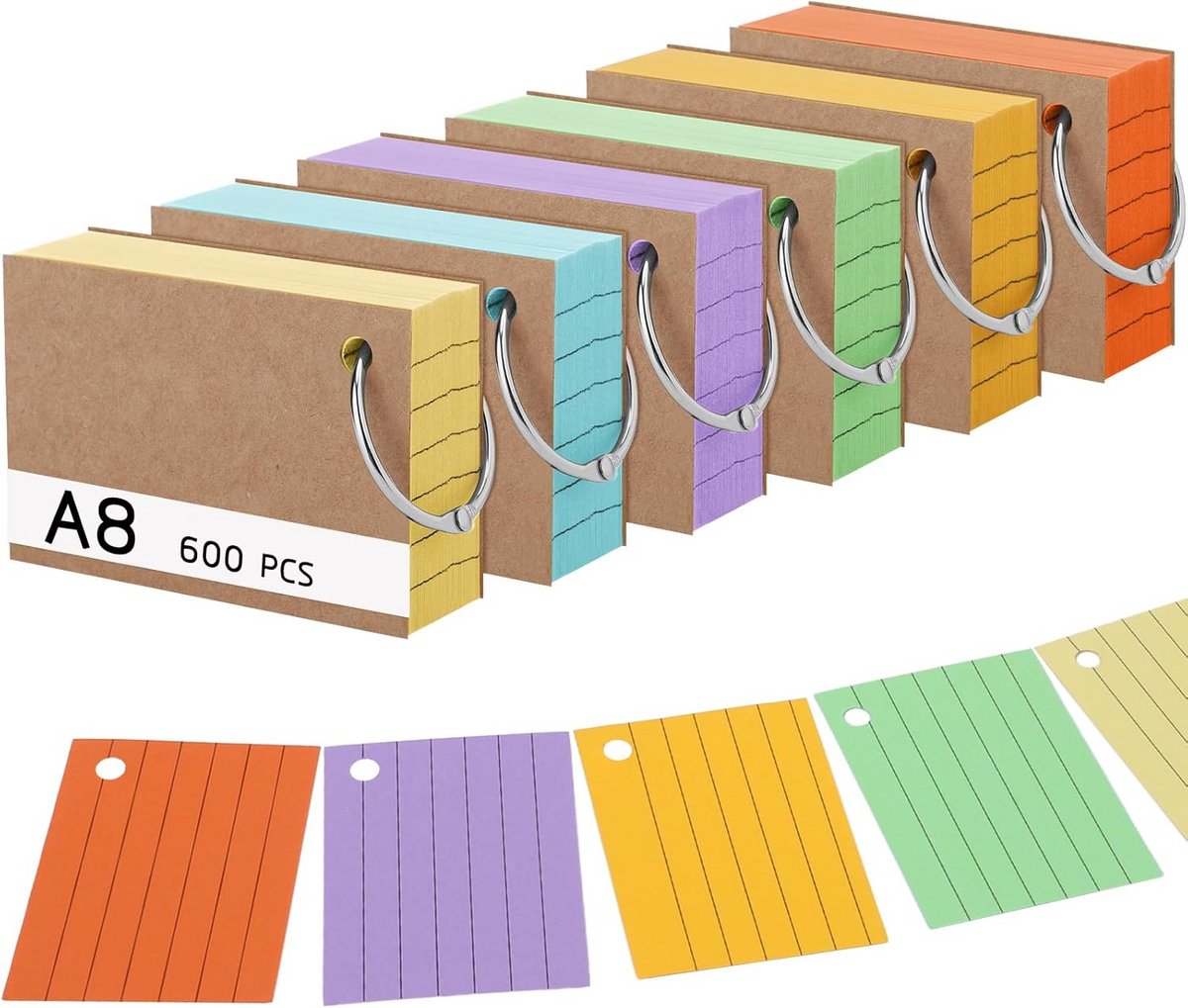 Set van 600 Gelinieerde Indexkaarten A8 in 6 Kleuren voor Studeren en Notities