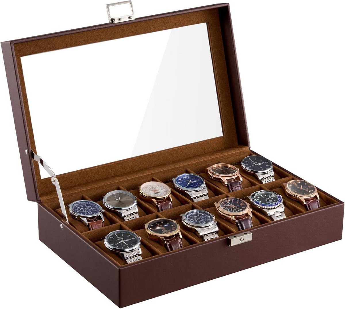 Horlogekast met 12 sleuven voor heren, opbergbox voor horloges met PU-lederen bekleding en afsluitbare glazen display - Espresso, horloge organizer voor mannen met zacht kussen