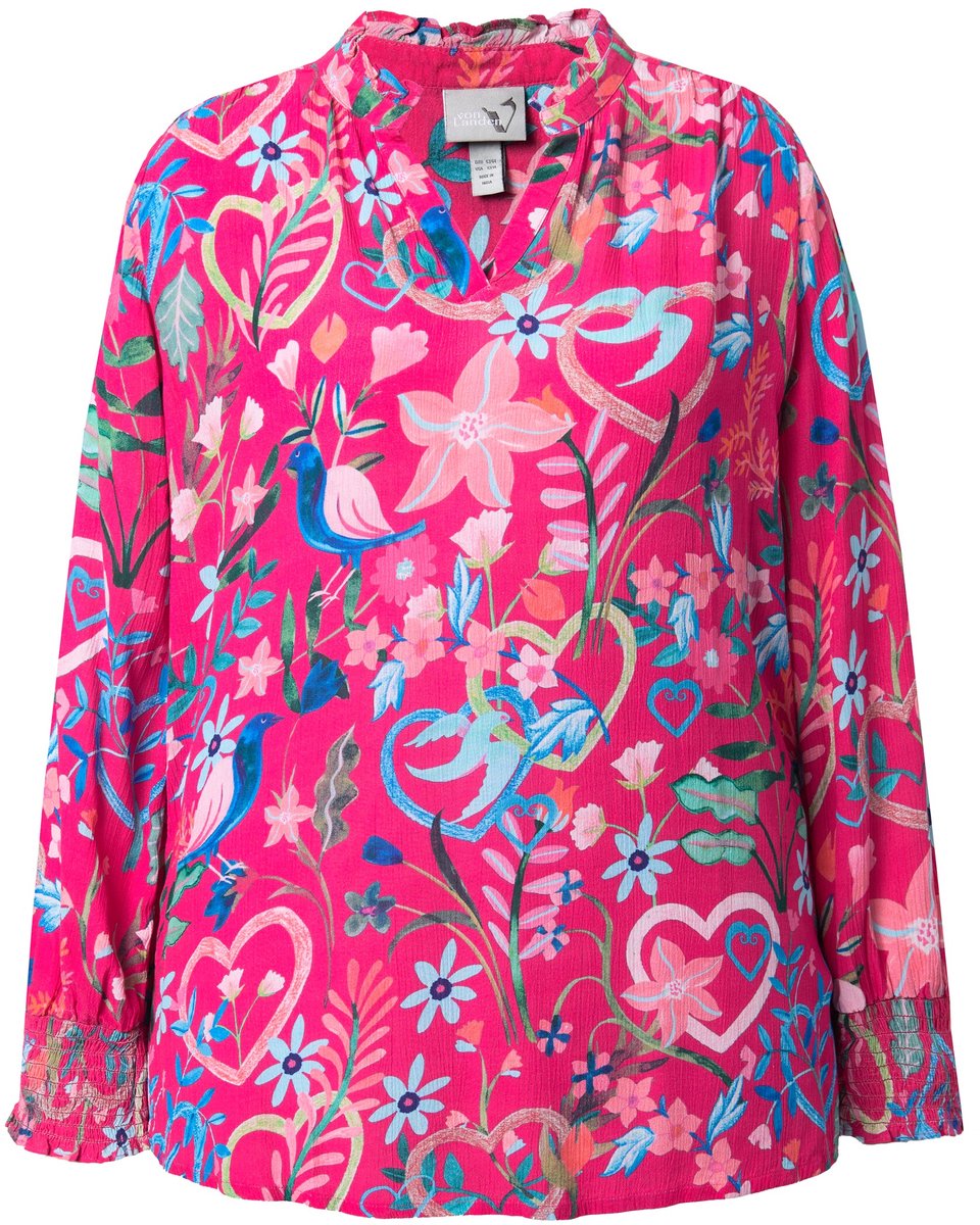 Ulla Popken - Dames - Tuniek bloemen tuniekhals lange mouwen - Roze - Maat 46+