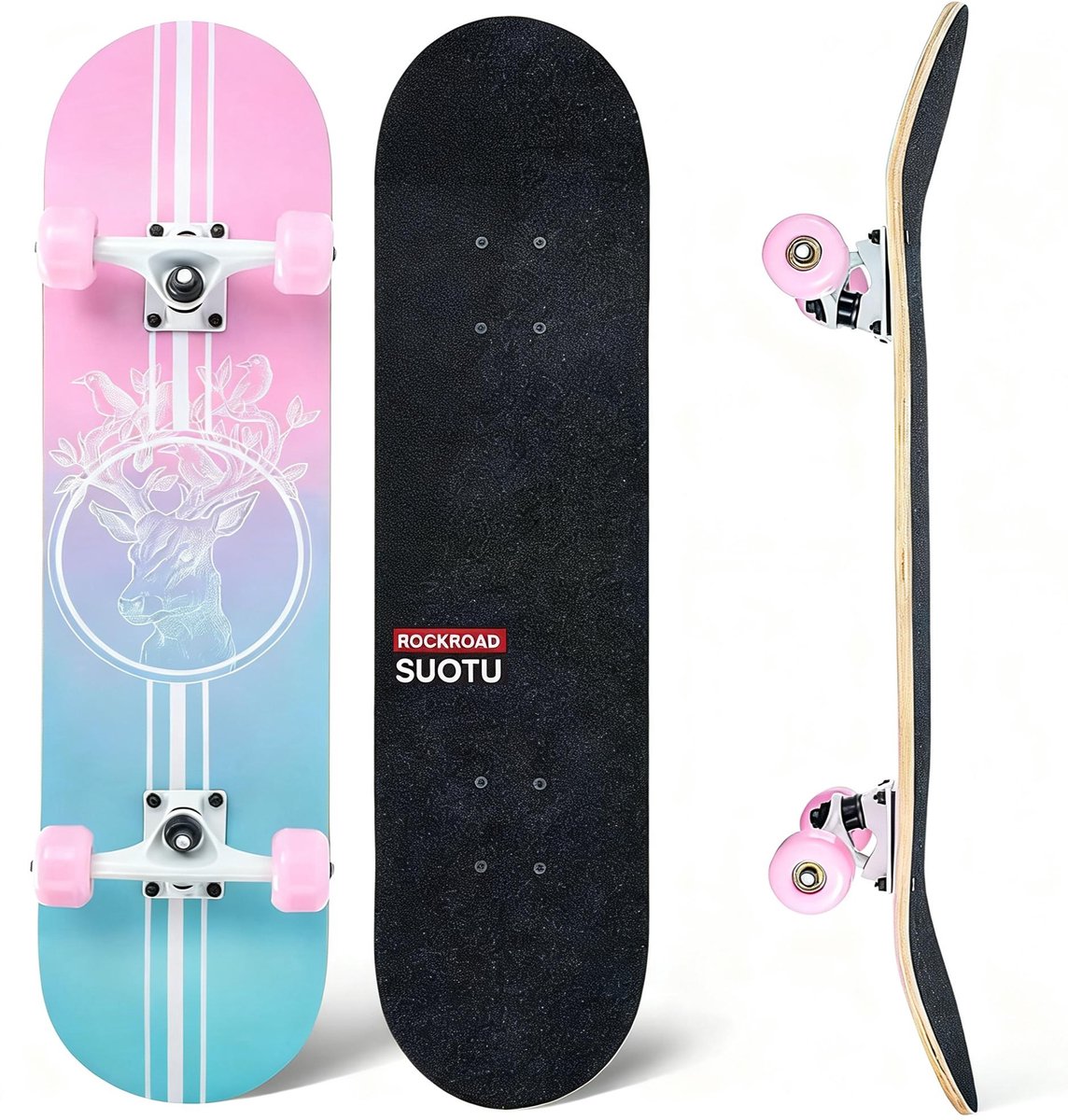 Suotu Skateboard 80x20cm ABEC-9 95A Schokabsorptie Jongens Meisjes Volwassenen Skateboards Hert