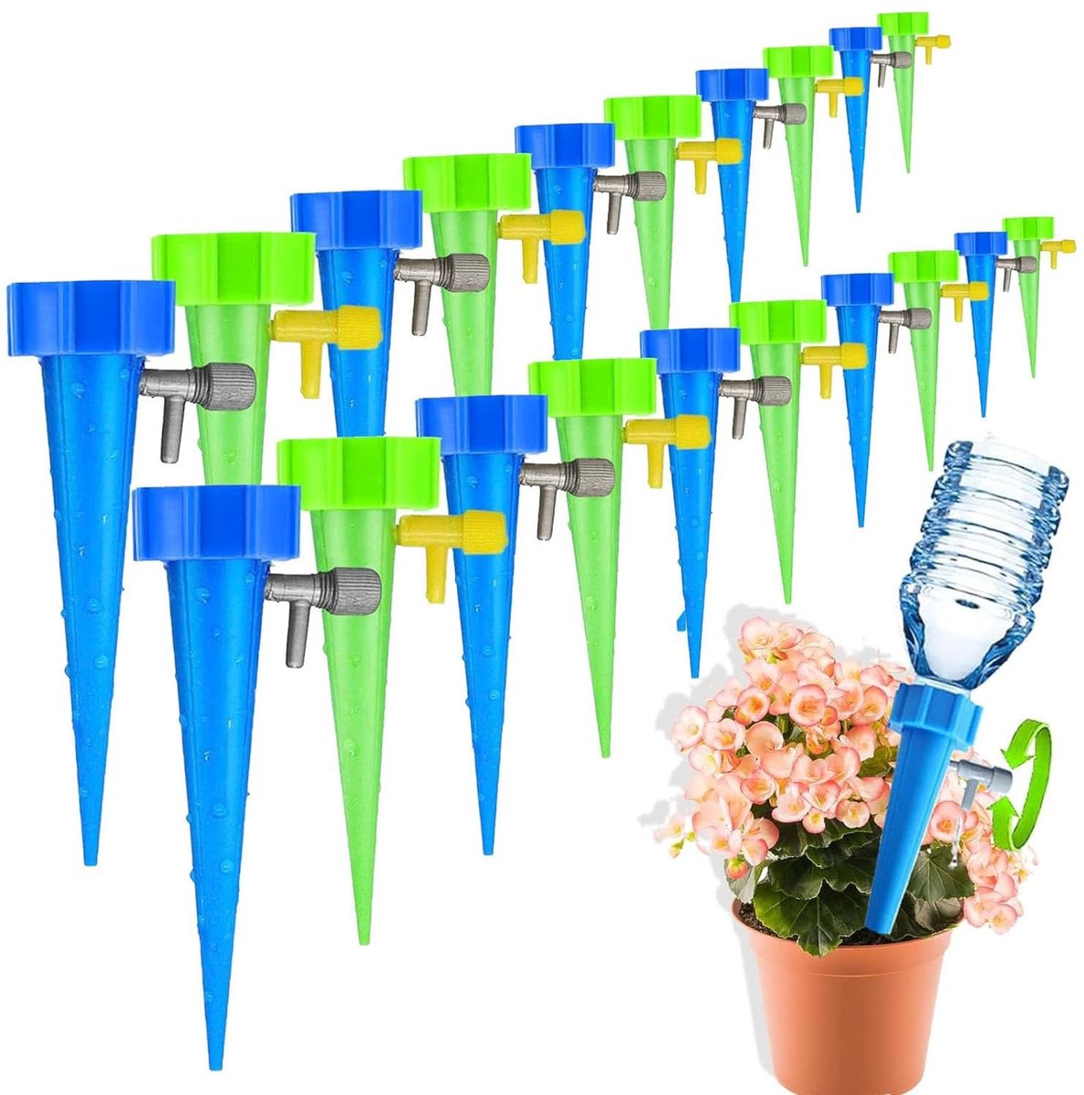 20 stks druppelirrigatieset - druppelfles met regelklep - Waterdruppelaar - Plant Bewateringssysteem - Druppelsysteem - automatische sproeiers - sproeiapparaat met instelbare snelheid - voor buiten- en binnenplanten - Blauw en Groen
