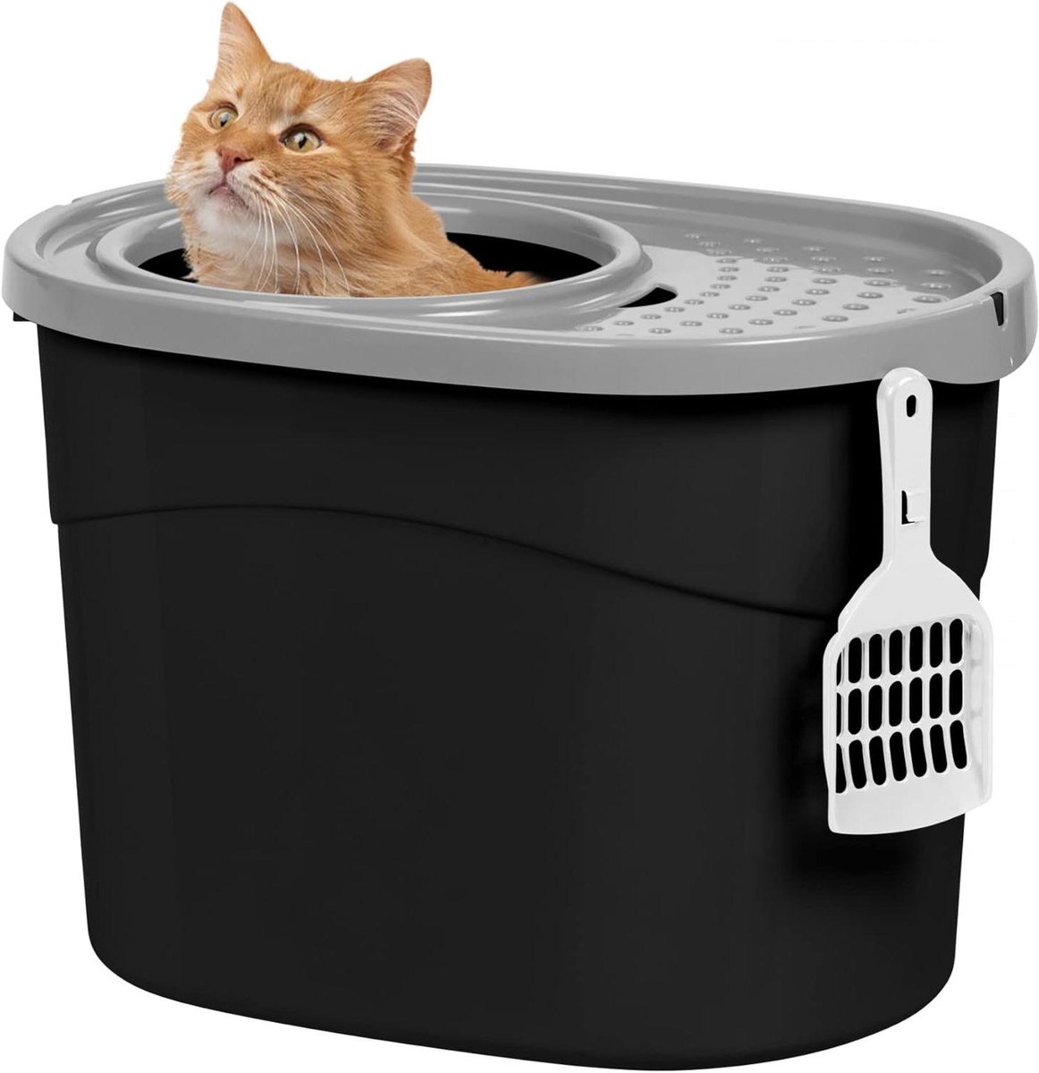 Grote kunststof kattenbak met boveningang inclusief schep en deksel met ventilatiegaten L52 x D375 x H365 cm BPA-vrij schephouder voor katten zwart/grijs