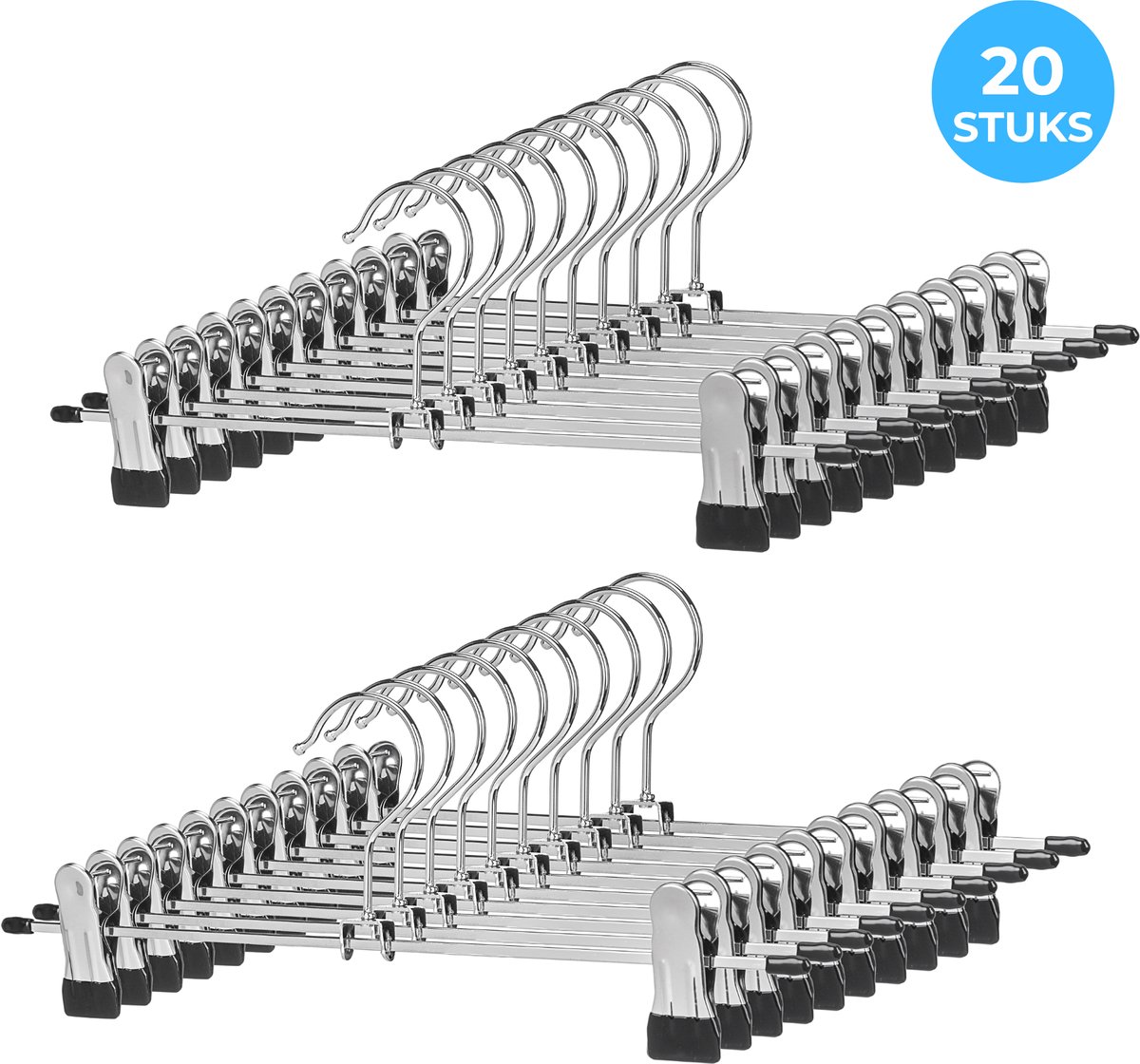 Monza Home® Broekhangers met knijpers – 20 stuks – Verchroomd metaal – Antislip