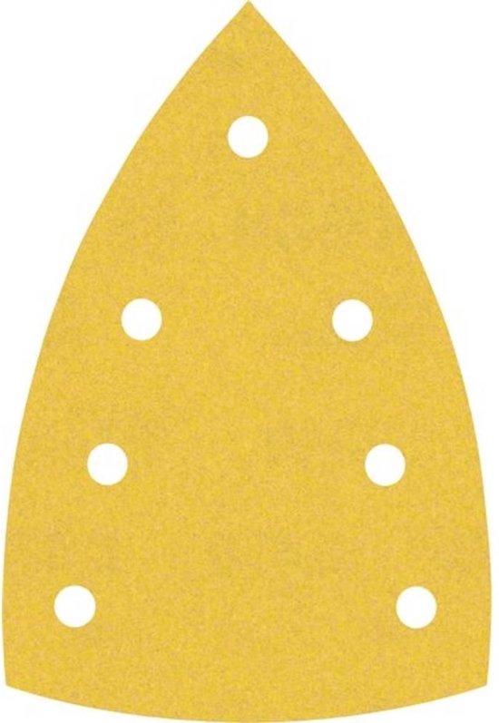 Geel schuurpapier, deltavormig, met zeven gaten voor stofafzuiging.