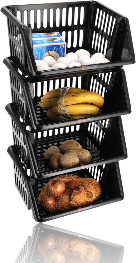 Caisses empilables Zwart – Set de 4 caisses de rangement empilables – Panier à légumes et à fruits Cuisine – Support pour pommes de terre, oignons et conserves – Paniers de rangement pour abri de jardin, Cuisine ou garde-manger