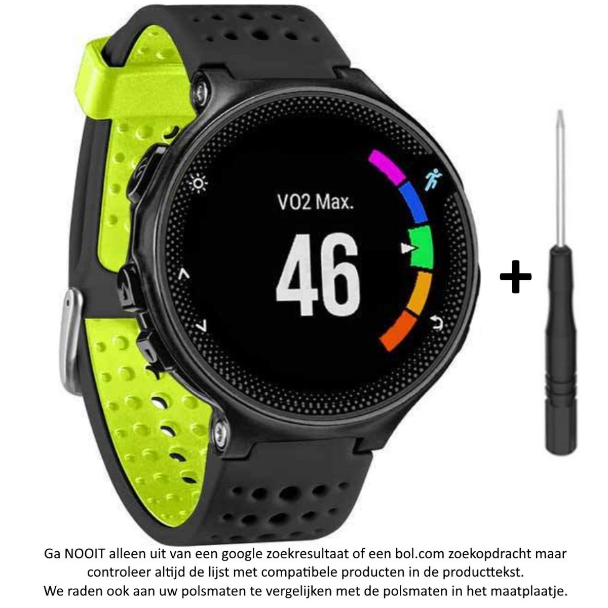 Zwart Groen siliconen horlogebandje geschikt voor de Garmin Forerunner 220, 230, 235, 620, 630, 735XT, Approach S20, S5 S6 - Maat: zie maatfoto - horlogeband - polsband - strap - siliconen - black green rubber