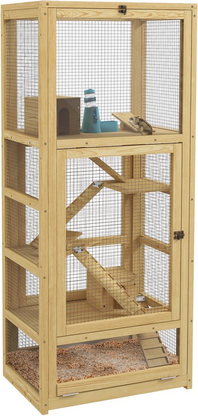 PawHut-Hamsterkooi-Vurenhout-54x38x131cm-Natuurlijk hout