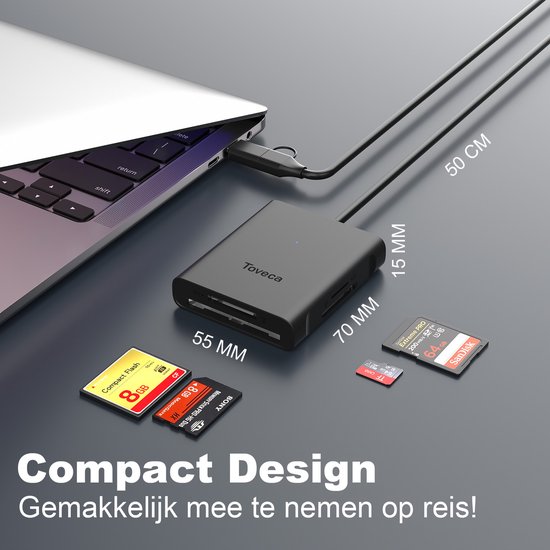 Zwarte Toveca kaartlezer met 70mm breedte, 55mm lengte, 15mm hoogte. Met 8GB geheugenkaart en 64GB SanDisk.