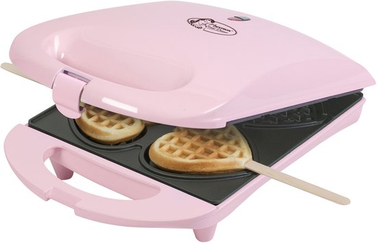 Bestron Wafelijzer – Hartvormige Wafels – Antiaanbaklaag – inc. 20 houten stokjes – Roze