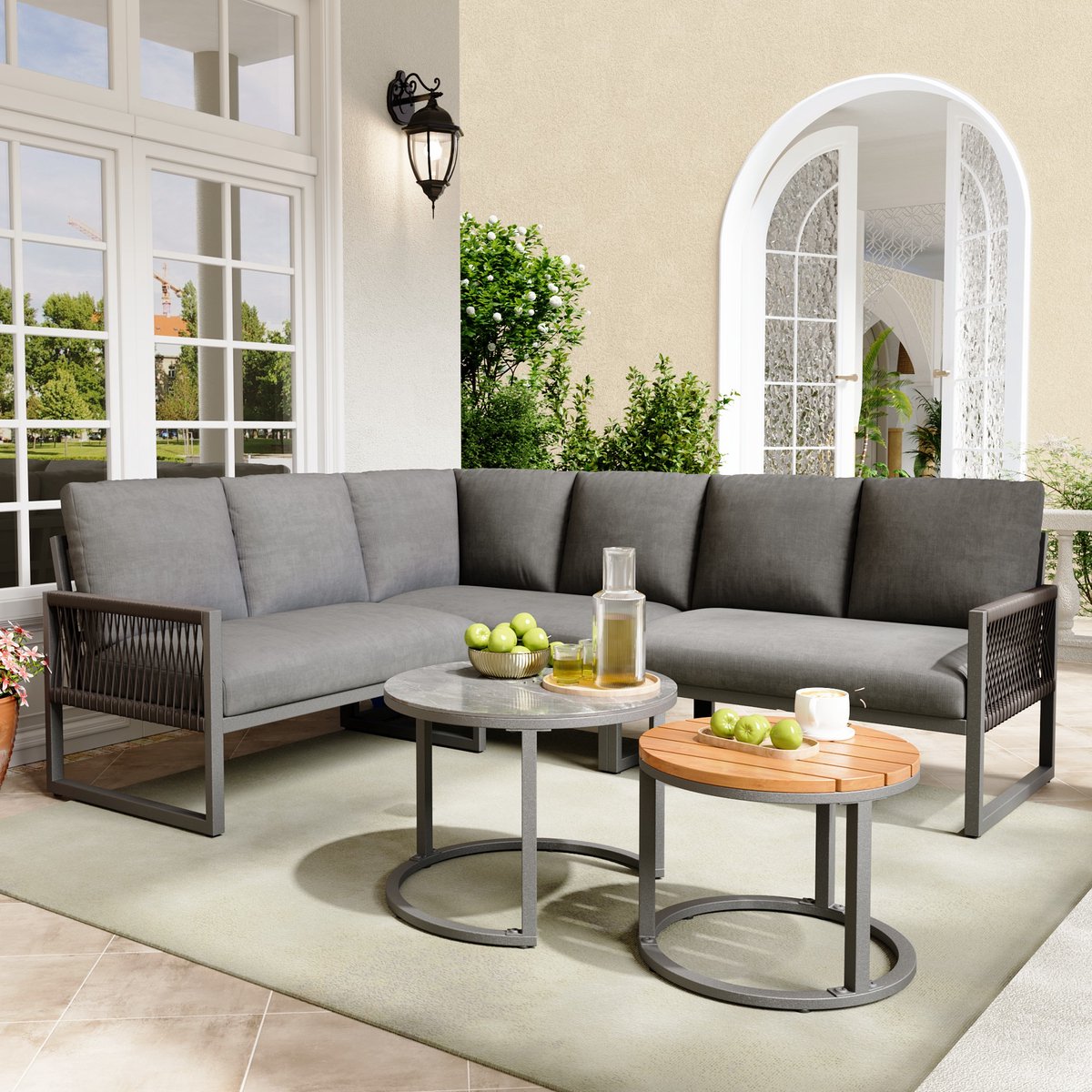Merax lounge-set-6-7-personen-grijs-verzinkt-ijzeren-frame-verstelbare-poten-incl-kussens thumbnail 5