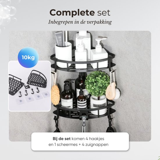 Support de douche sans perçage - Accessoires de salle de bain - Support de douche - Panier de douche - Acier inoxydable - Support d'angle - Suspension - Zwart - 2 pièces