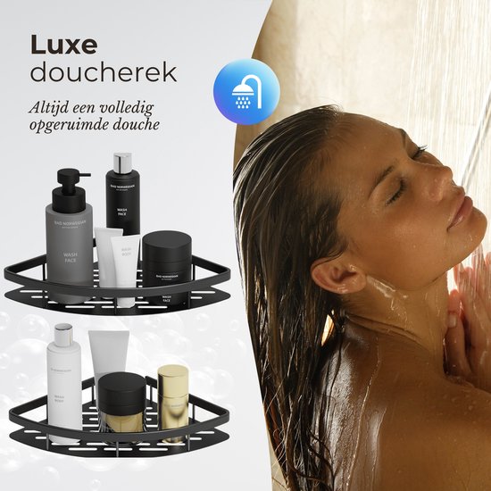 Support de douche sans perçage - Accessoires de salle de bain - Support de douche - Panier de douche - Acier inoxydable - Support d'angle - Suspension - Zwart - 2 pièces