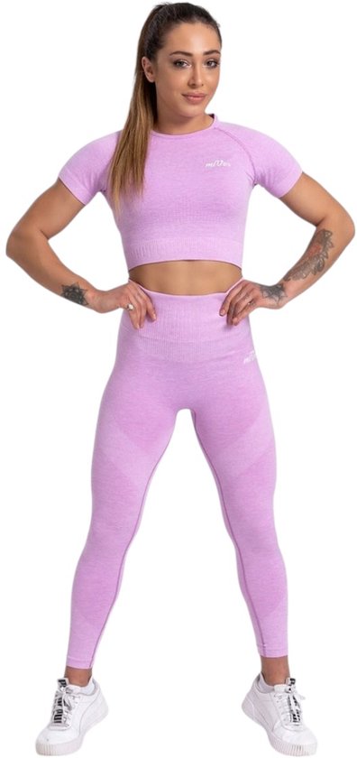 Legging et haut de sport Mives® - Yoga - Ensemble de Fitness - Scrunch Butt - Legging pour femme - Fashion de Vêtements de sport - Leggings tendance - Pantalons - Sports de gym - Legging Fitness Wear - Taille haute - LILA - Taille L - MANCHES COURTES