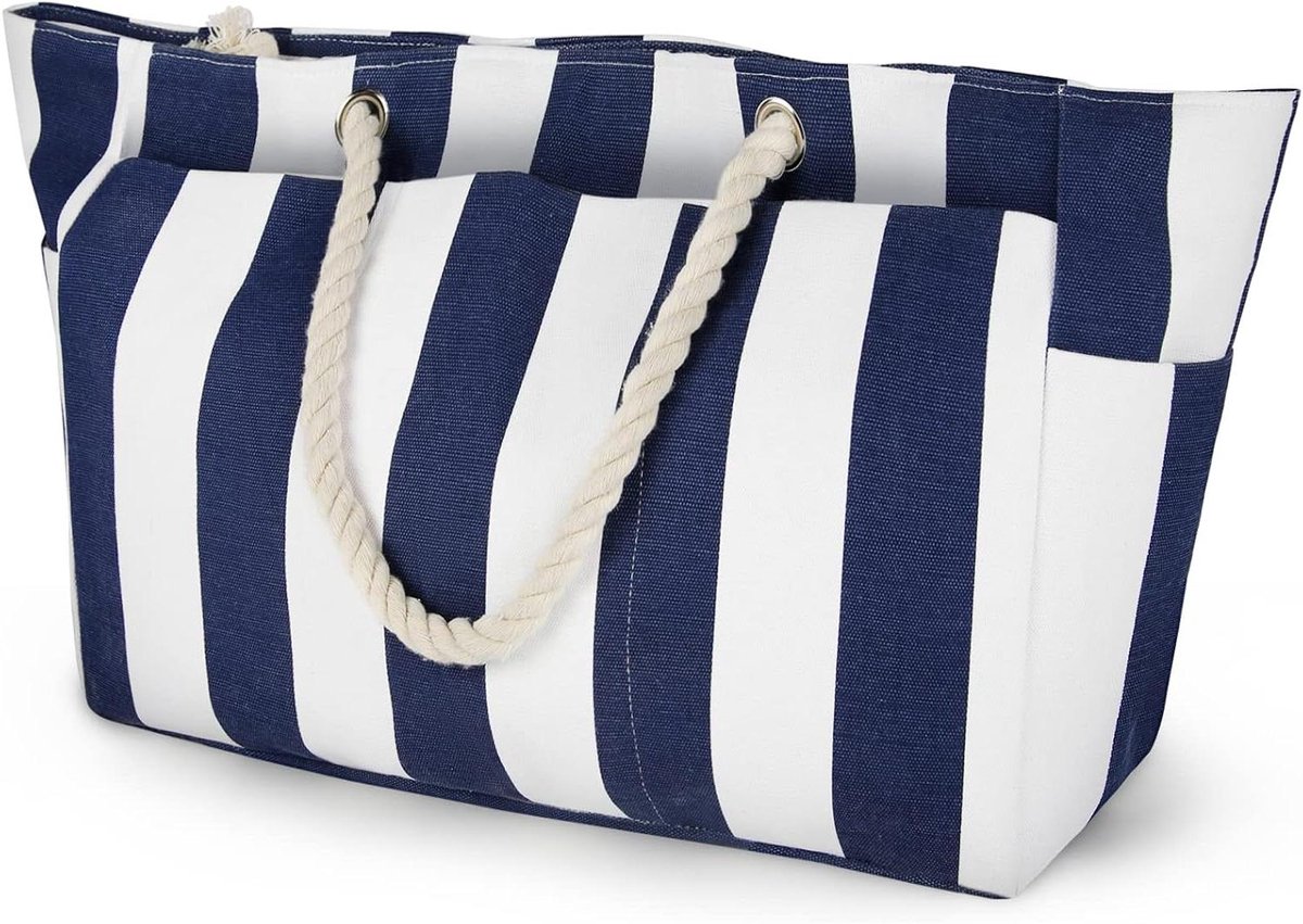 Strandtas XXL familiebadtas met ritssluiting - Grote shopper voor heren - Eenvoudig en stijlvol design met blauw en wit strepen.