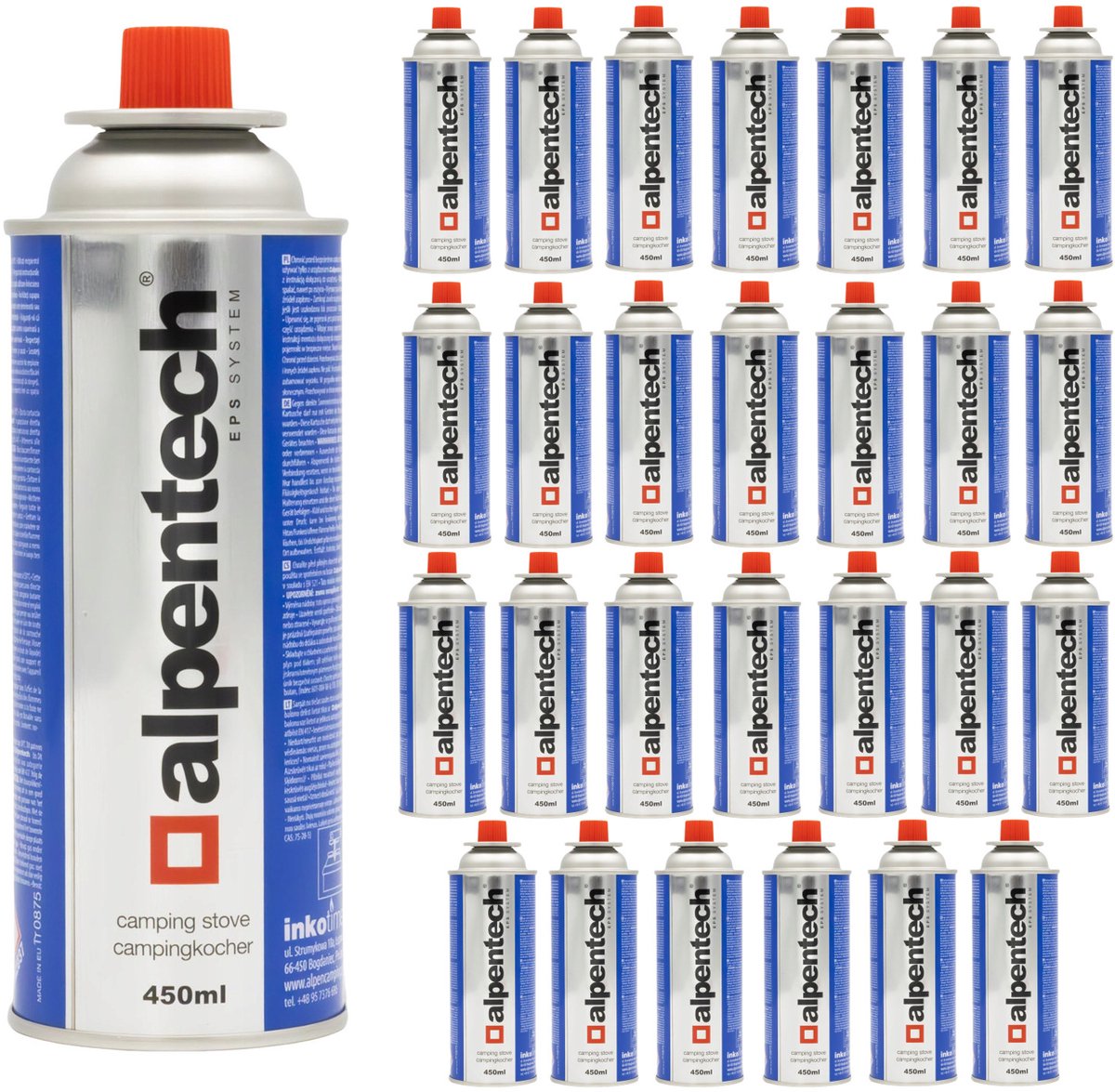 Alpentech 450ml gaspatroon, EN417 conform, isobutaan, EPS systeem, IK301 - Set van 28 stuks