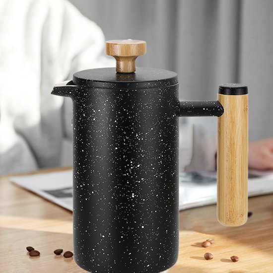 Cafetière à piston CHIWIN - Cafetière 1000 ml - avec système de filtration à 3 couches - Design noir graphite - Glas et acier inoxydable - Poignée en Bamboe - Pour Café, Thee et même mousse de lait