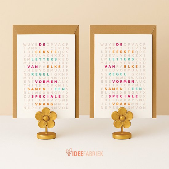 Twee kaarten met woordzoekers. Tekst 'Wil je mijn meter/peter zijn?' in rood. Wordzoekers met letters op een lichte achtergrond.