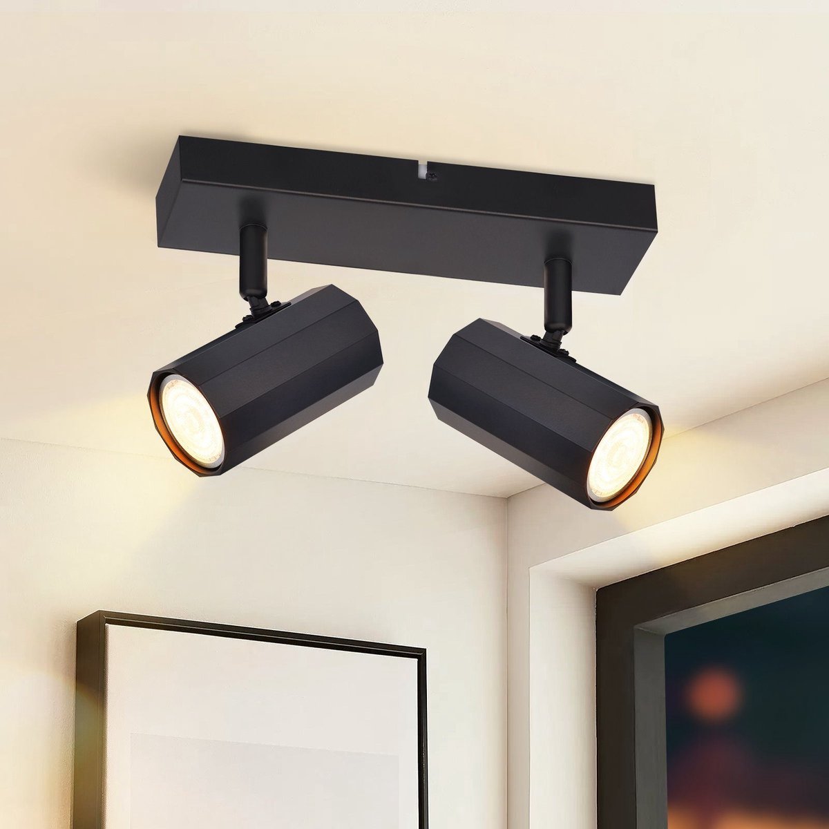 NETTLIFE Opbouwspot - 2-Lichts - zeshoekig - Plafondspot - Zwart - GU10 Fitting - 350° draaibar - Vintage Plafondlamp - voor Woonkamer | Slaafkamer | Gang | Keuken - Max.25W-excl. lichtbron