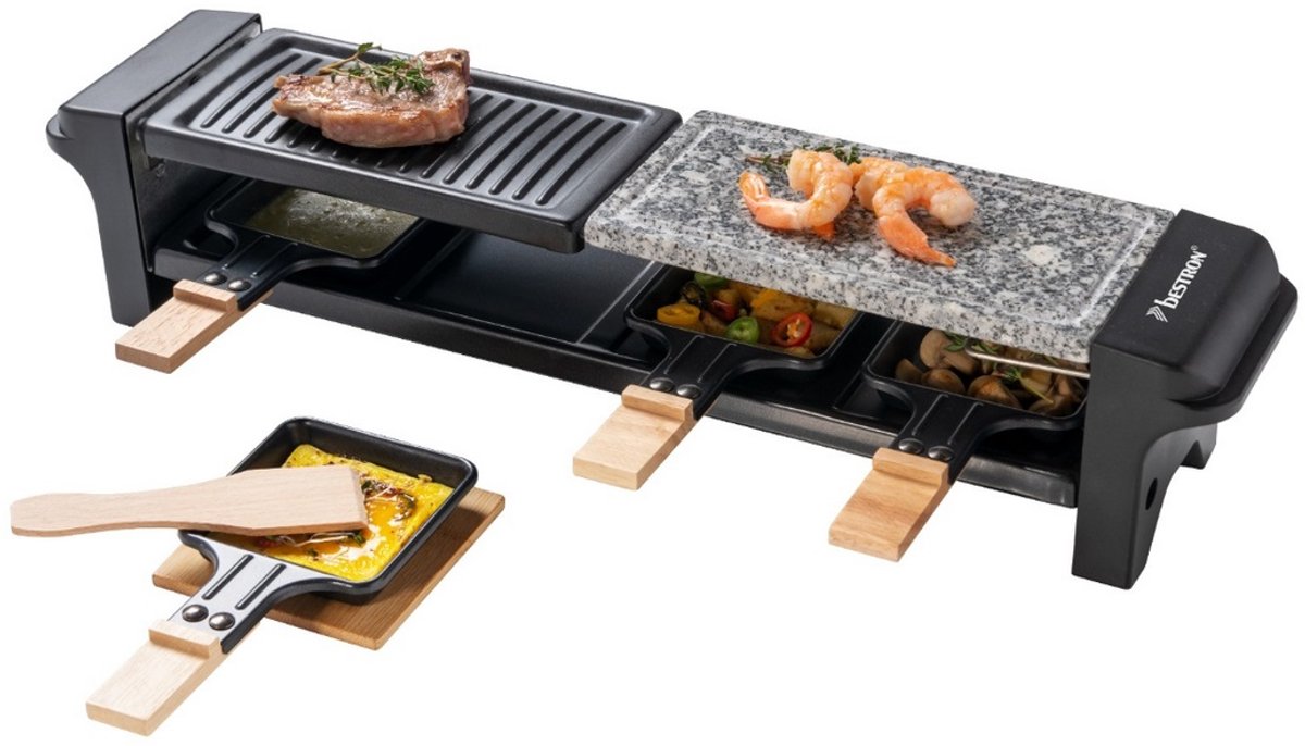 Bestron elektrische Gourmetstel, Raclette voor maximaal 4 personen, krasbestendige natuurlijke grillsteen & bakplaat met antiaanbakplaag, inclusief 4 pannen, 4 spatels & 4 Onderzetter, 650 Watt, kleur: zwart/hout