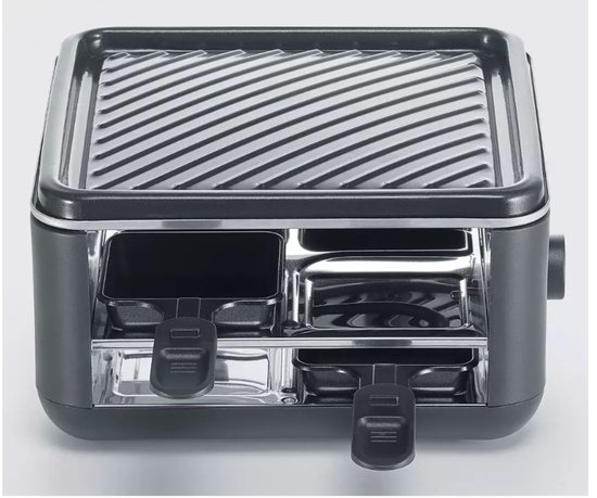 Appareil à raclette compact avec plaque grill et 4 poêlons, dont 2 avec poignées