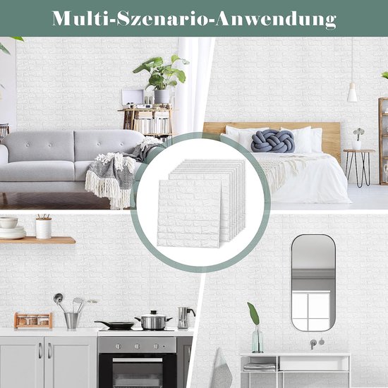 3D-wandpanelen, zelfklevend, steenlook, wandbekleding, 77 x 70 cm, waterdichte wandpanelen, keuken, baksteen, muurstickers, wandplaten, wit, voor wanddecoratie, 10 stuks