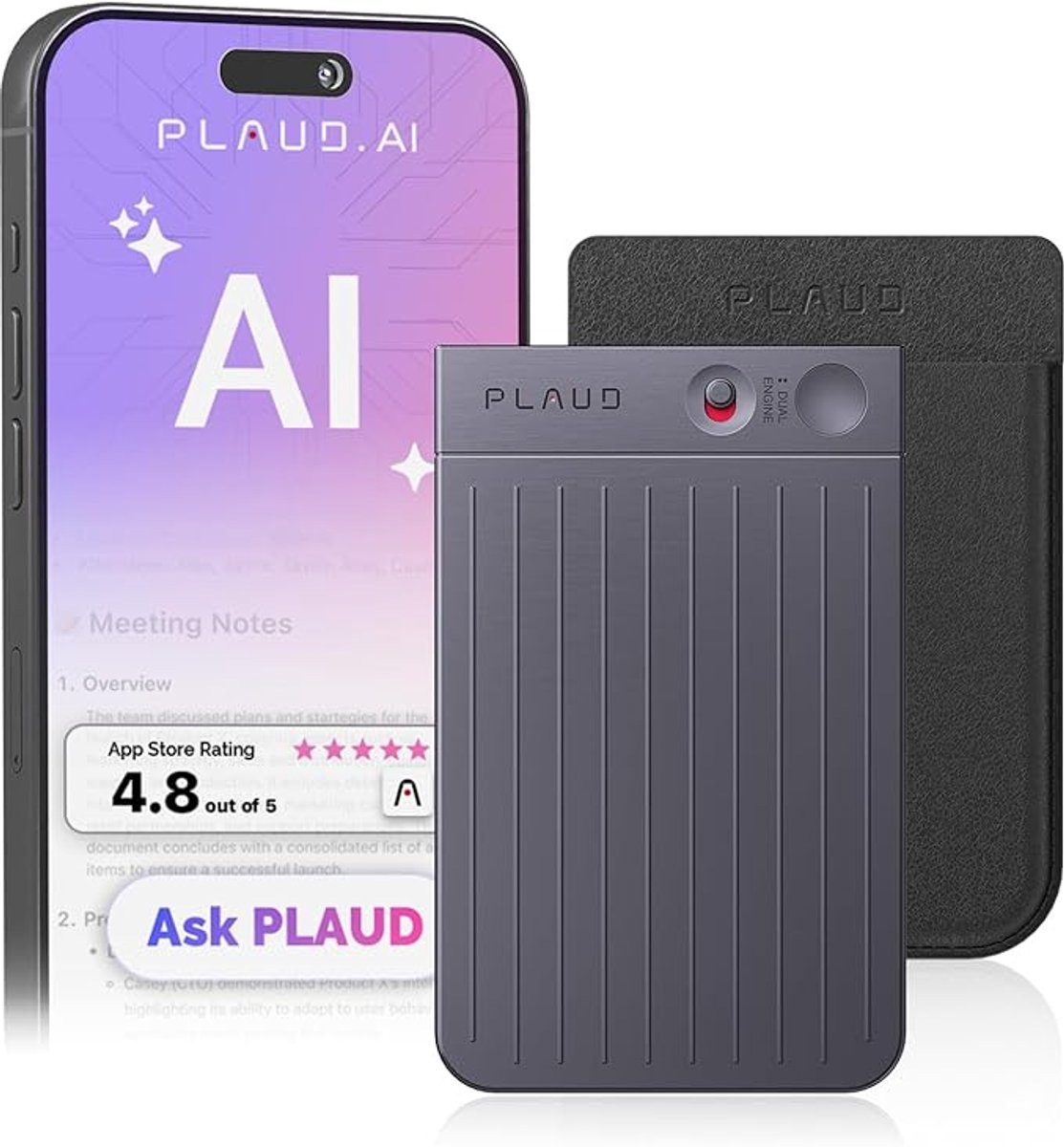 PLAUD Digitale AI-spraakrecorder met Beschermhoes - AI-spraakrecorder - LLM Empowered Spraakrecorder met transcriptie - Ruisonderdrukkende recorder met 64 GB opslag - Meertalige spraakrecorder - One-touch opname recorder (Zwart)