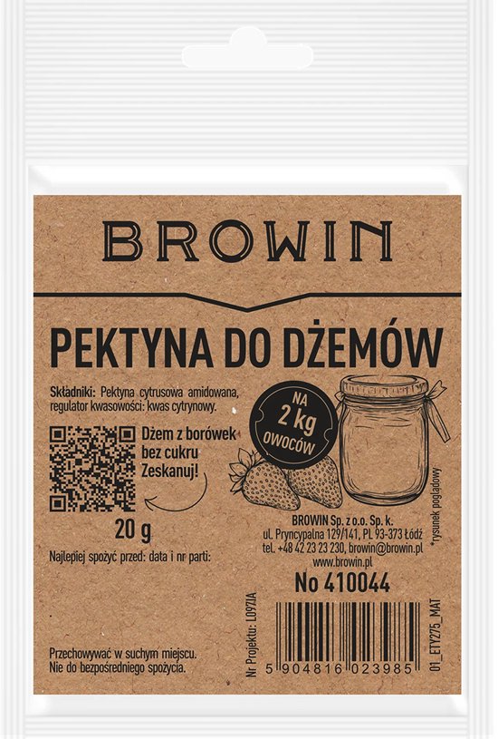 Verpakking Browin pectine voor jam, met afbeelding van aardbeien.