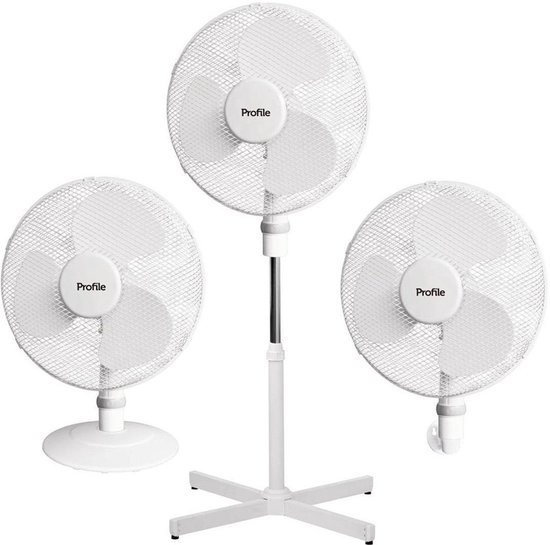 3-in-1 ventilator wit – vloer, tafel en wandmontage, 3 snelheden, zwenkfunctie, verstelbaar hoogte