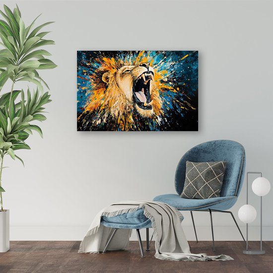 Kleurrijke leeuw met dynamiek - Leeuw glazen schilderij - Muurdecoratie glas dieren - Abstract expressionisme - Kunst op acrylaat - Klassiek schilderijen - acrylglas 105x70 cm