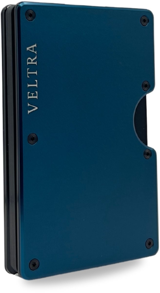 Veltra Wallet | Aluminium Pasjeshouder met RFID-bescherming – Moneyclip – 15 Pasjes – Verend Mechanisme – Mannen & Vrouwen - Marineblauw