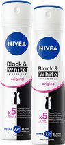 Twee NIVEA Black & White Invisible Original deodorantsprays met anti-transpirant en 72u bescherming.