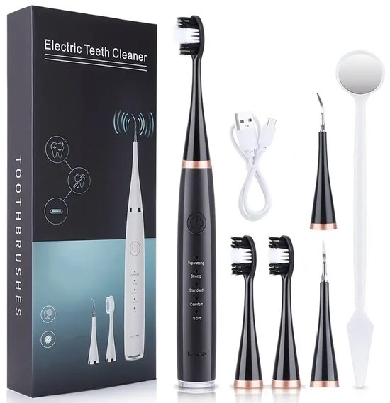 electrische tandenborstel - 6 delig - oplaadbaar - zwart - 5 standen - waterproof - fijn apparaat- tooth - brush