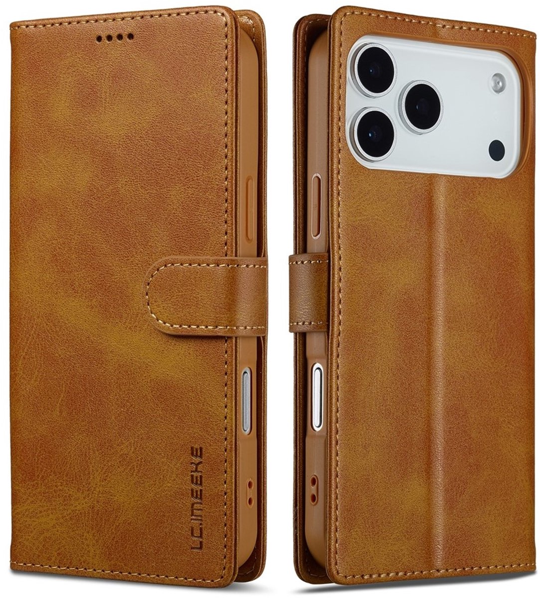 LC.IMEEKE Hoesje - Geschikt voor iPhone 17 Pro Hoesje - LC.IMEEKE Luxe Book Case - Bruin