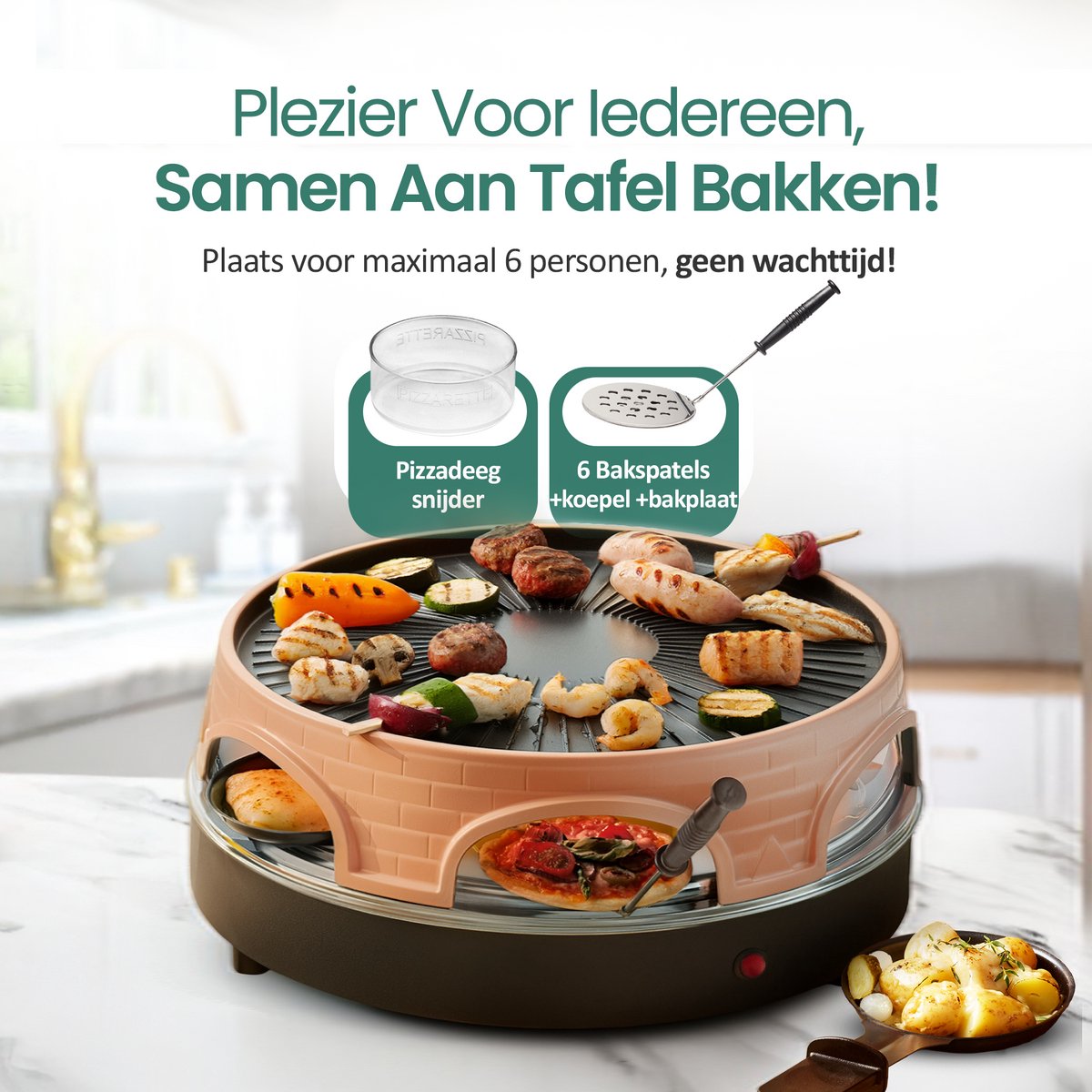 Emerio Pizzarette 3-in-1 Origineel - Zwitserse Raclette en Grill - 6 Persoons Pizza Oven - 6 Geïsoleerde Bakspatels - RVS Bakplaat - Gourmetstel - PO-113255.4 1500W – foto 6